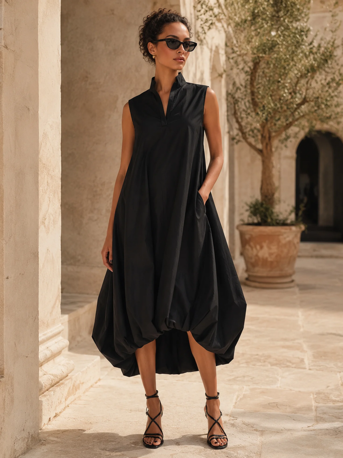 Elegant Black High-Neck Draped Midi Dress with Pockets