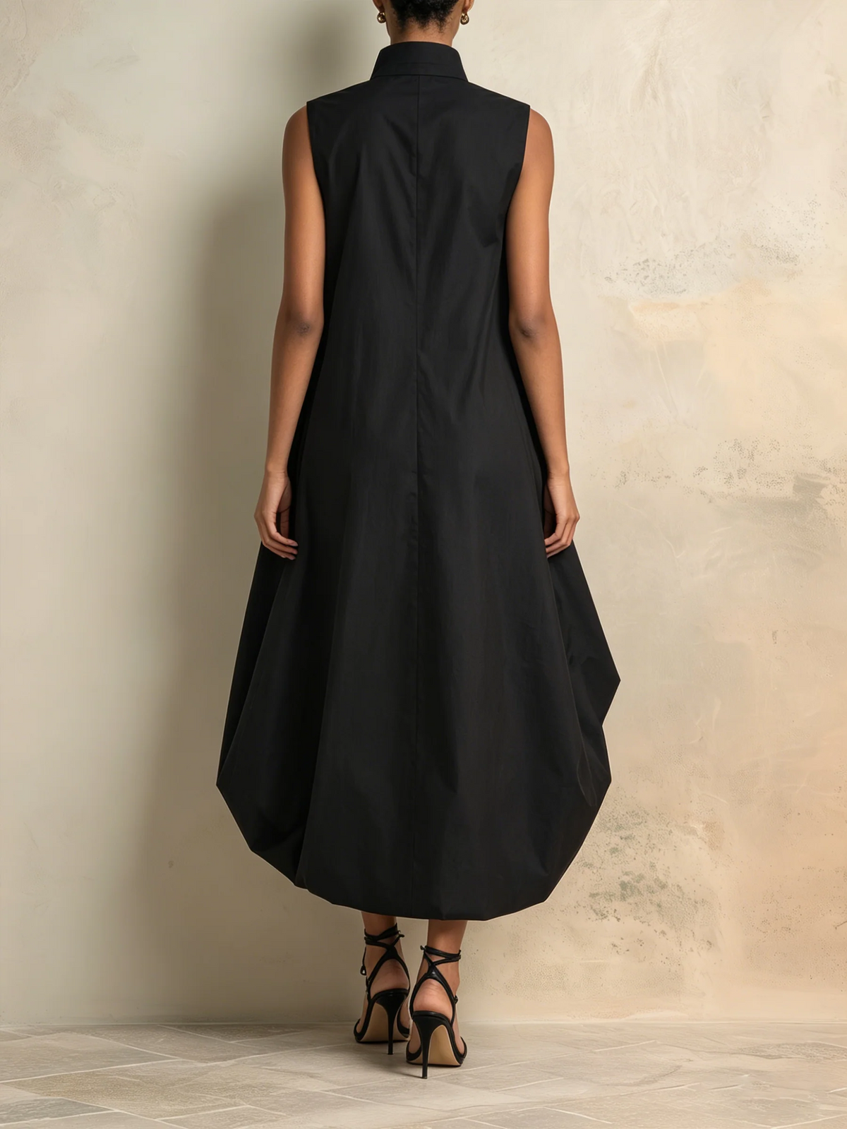 Elegant Black High-Neck Draped Midi Dress with Pockets