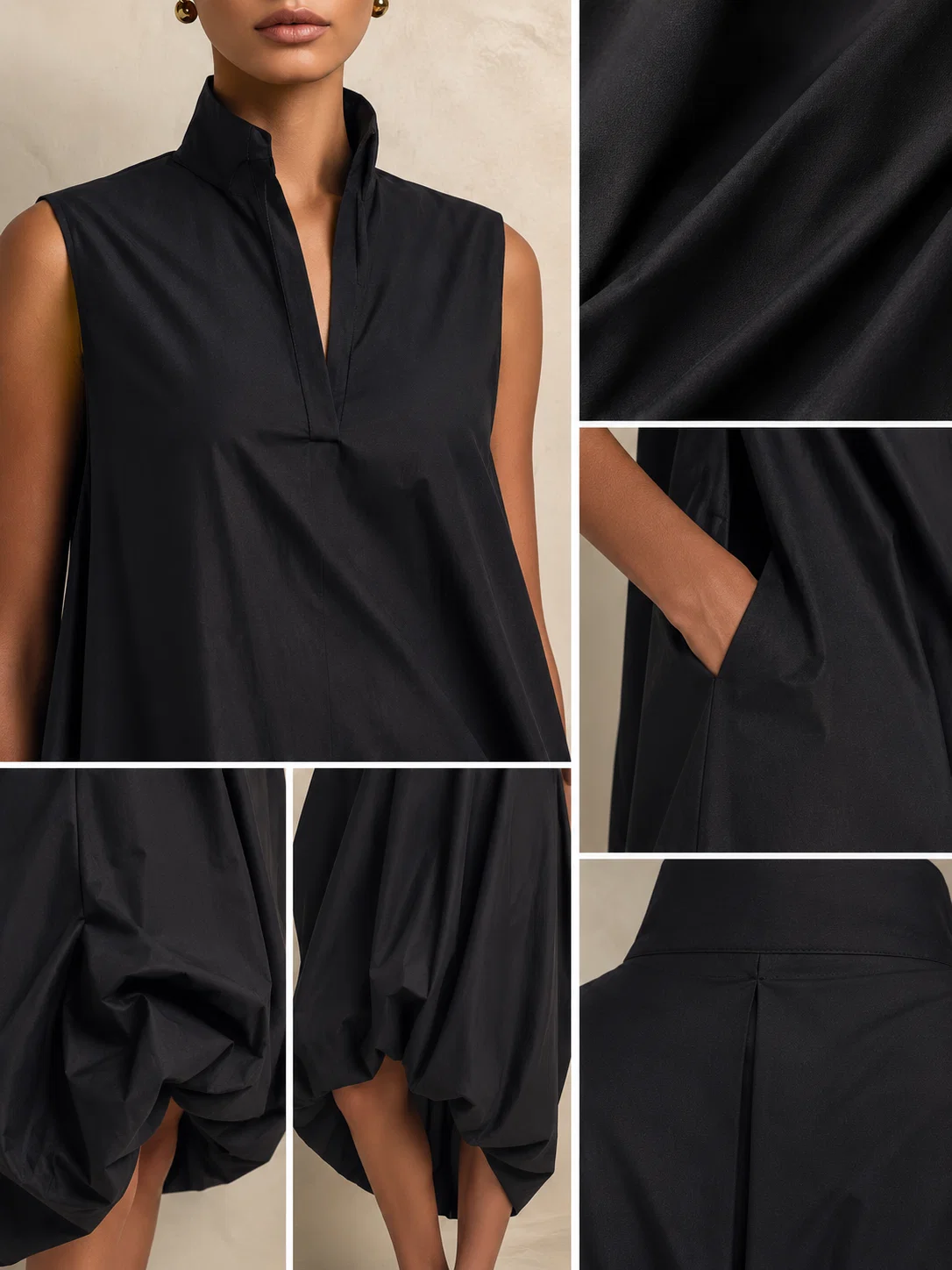 Elegant Black High-Neck Draped Midi Dress with Pockets