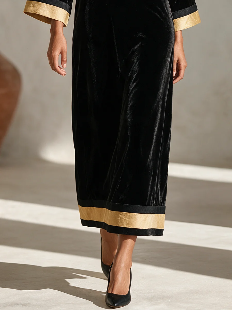 Black Velvet Gold-Trim Square Neck Midi Dress