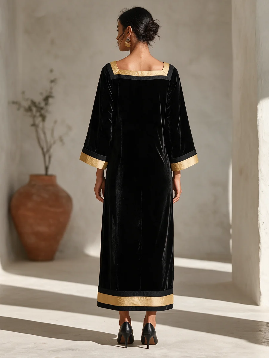Black Velvet Gold-Trim Square Neck Midi Dress