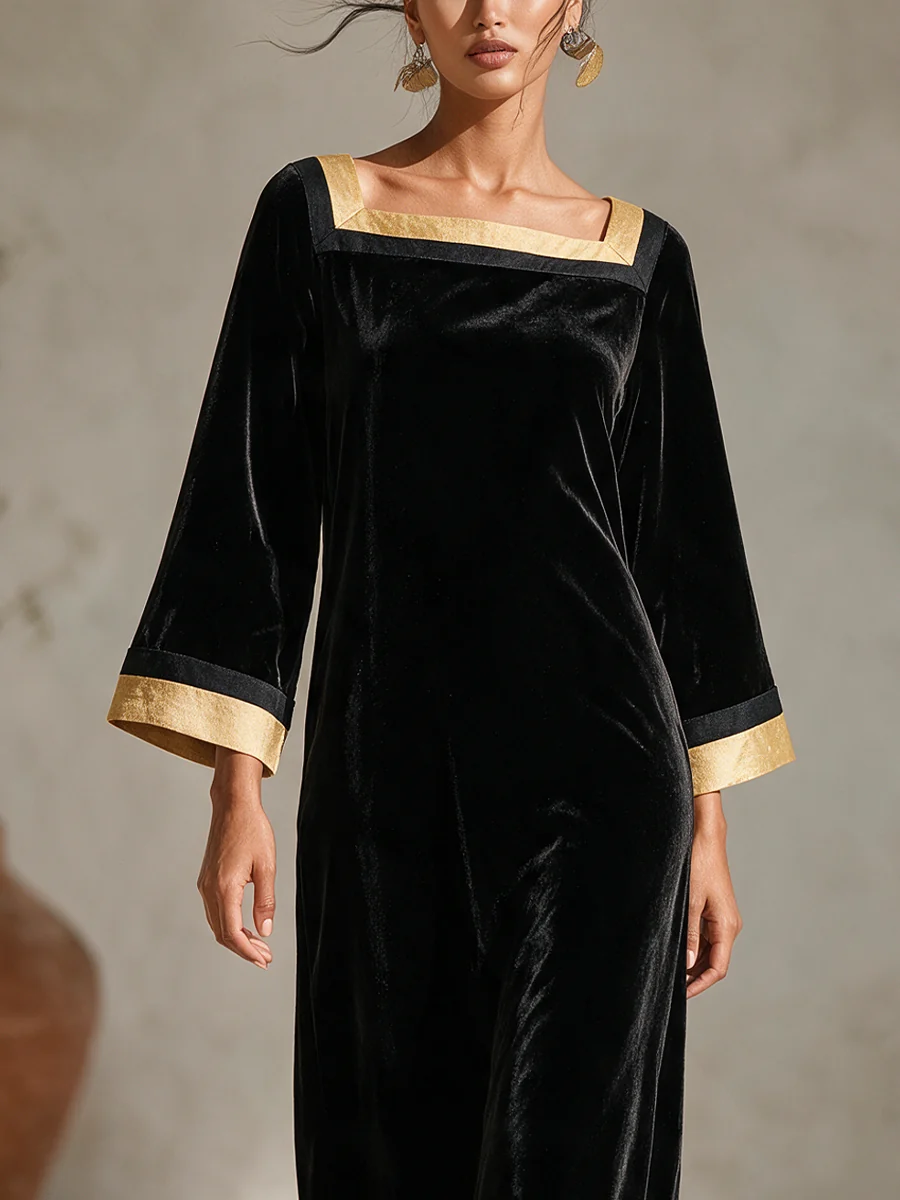 Black Velvet Gold-Trim Square Neck Midi Dress