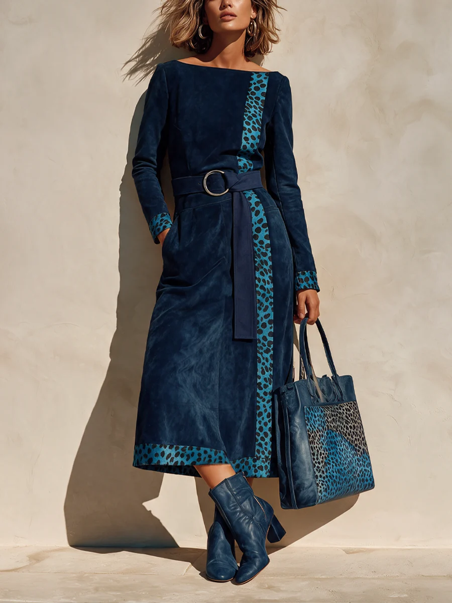 Vintage Navy Faux Suede Leopard-Trim Belted Midi Dress (belt included)