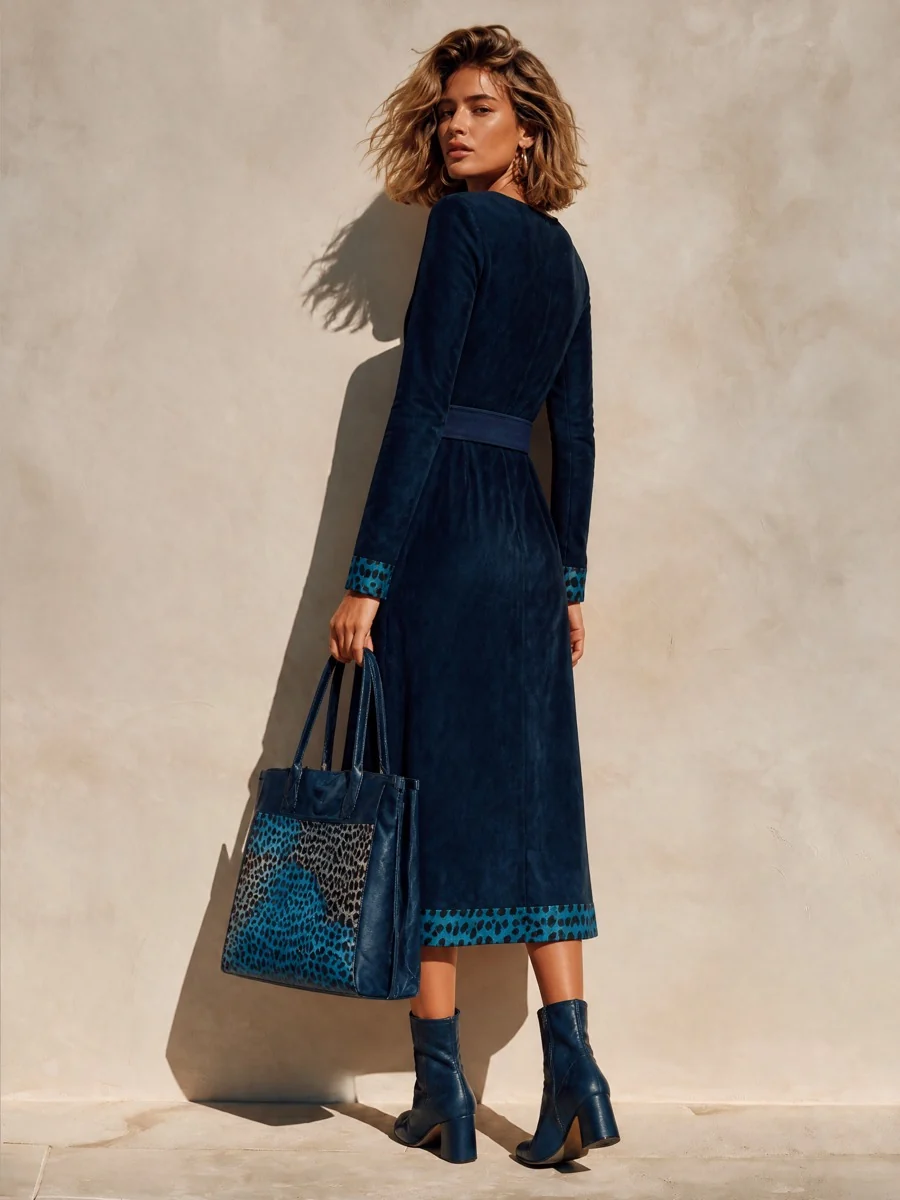 Vintage Navy Faux Suede Leopard-Trim Belted Midi Dress (belt included)