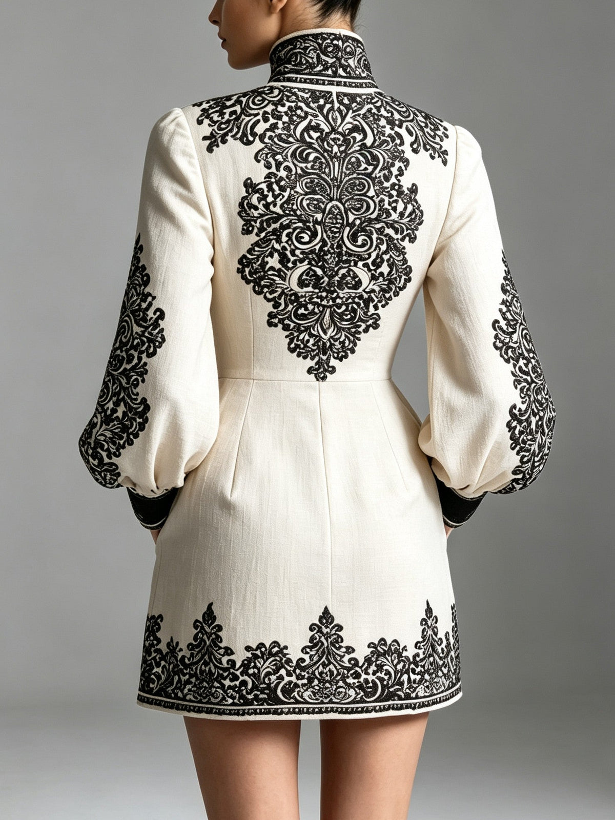 Ivory Black Ornamental Print High-Neck Long Sleeve Mini Dress