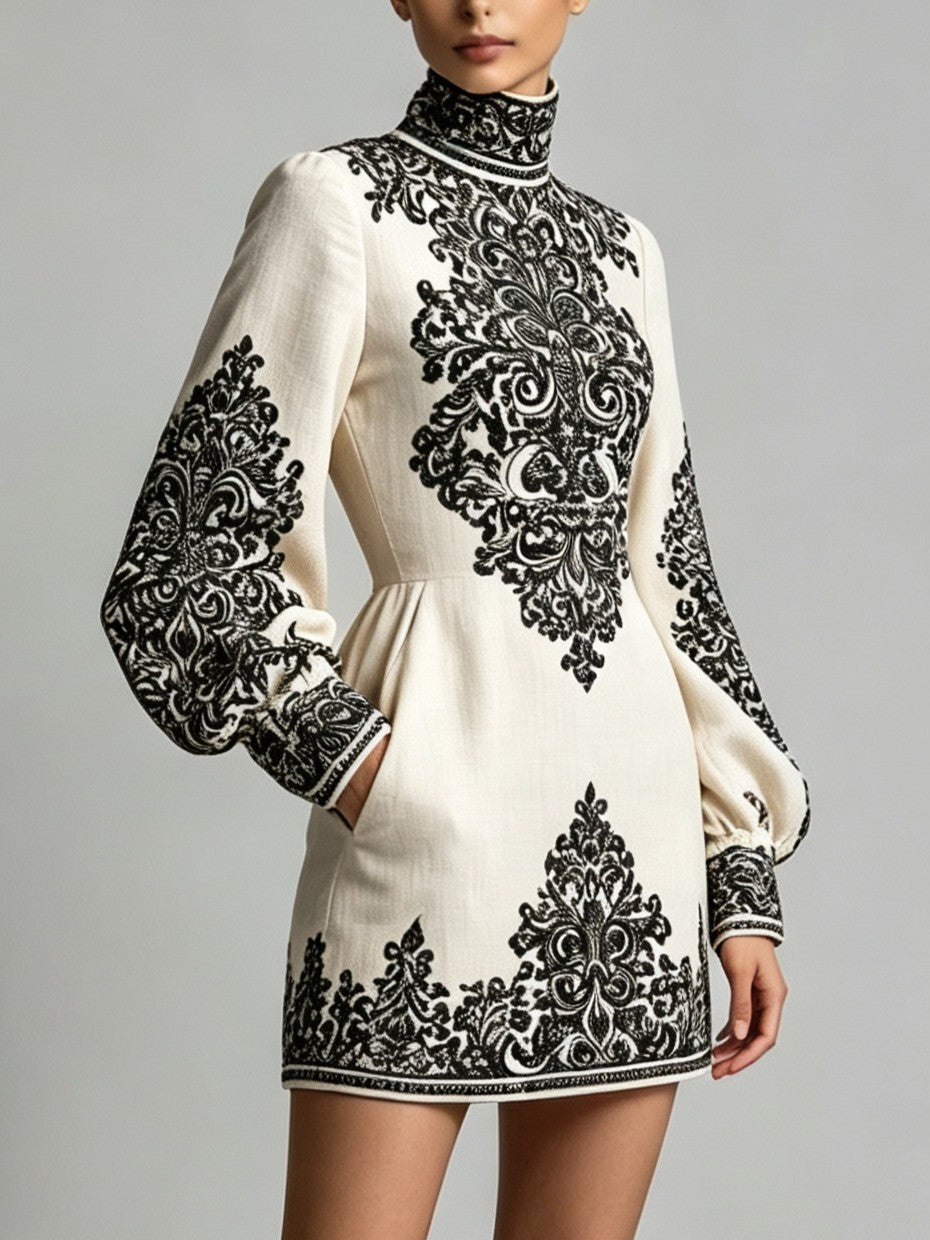 Ivory Black Ornamental Print High-Neck Long Sleeve Mini Dress