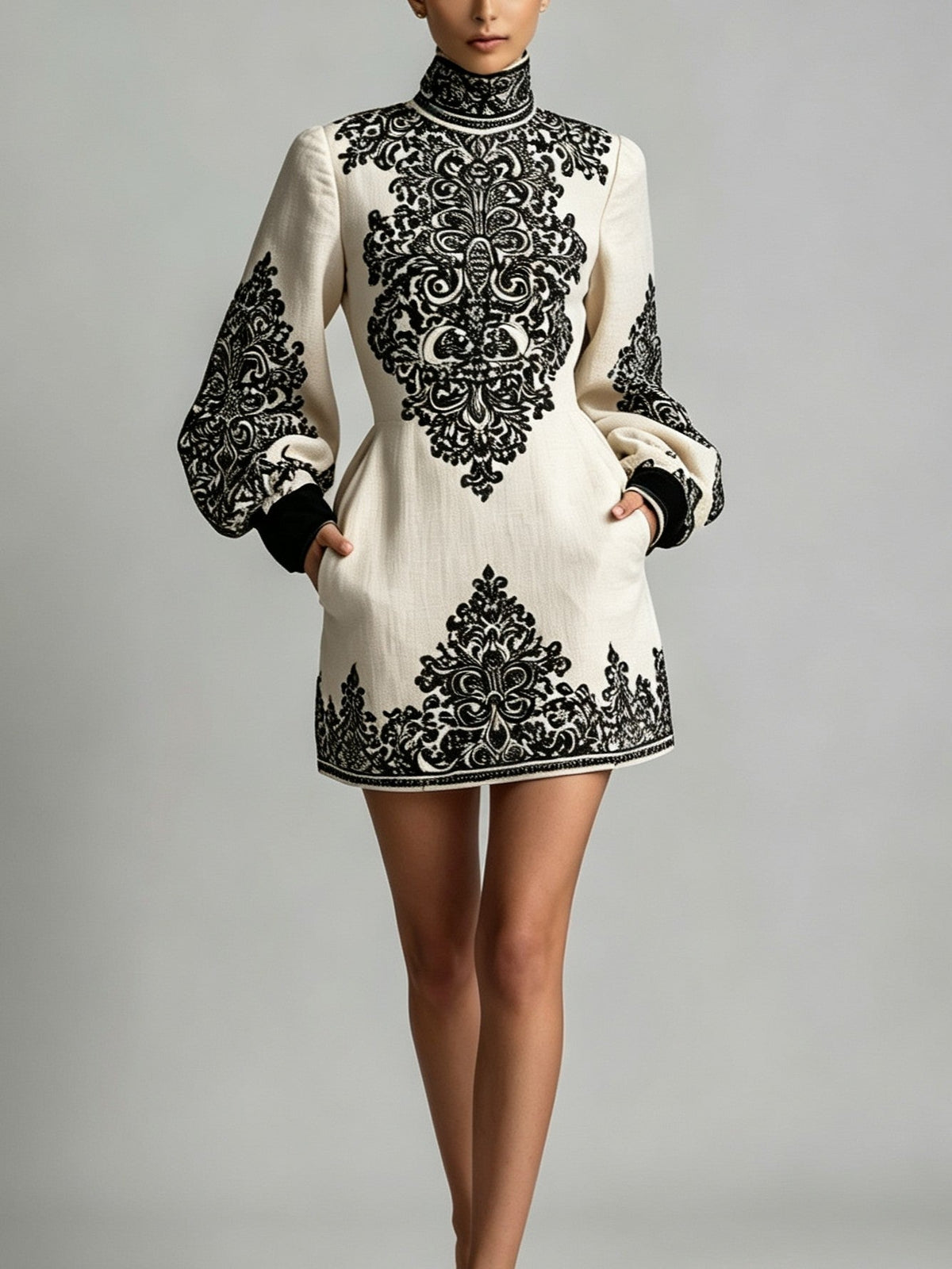 Ivory Black Ornamental Print High-Neck Long Sleeve Mini Dress