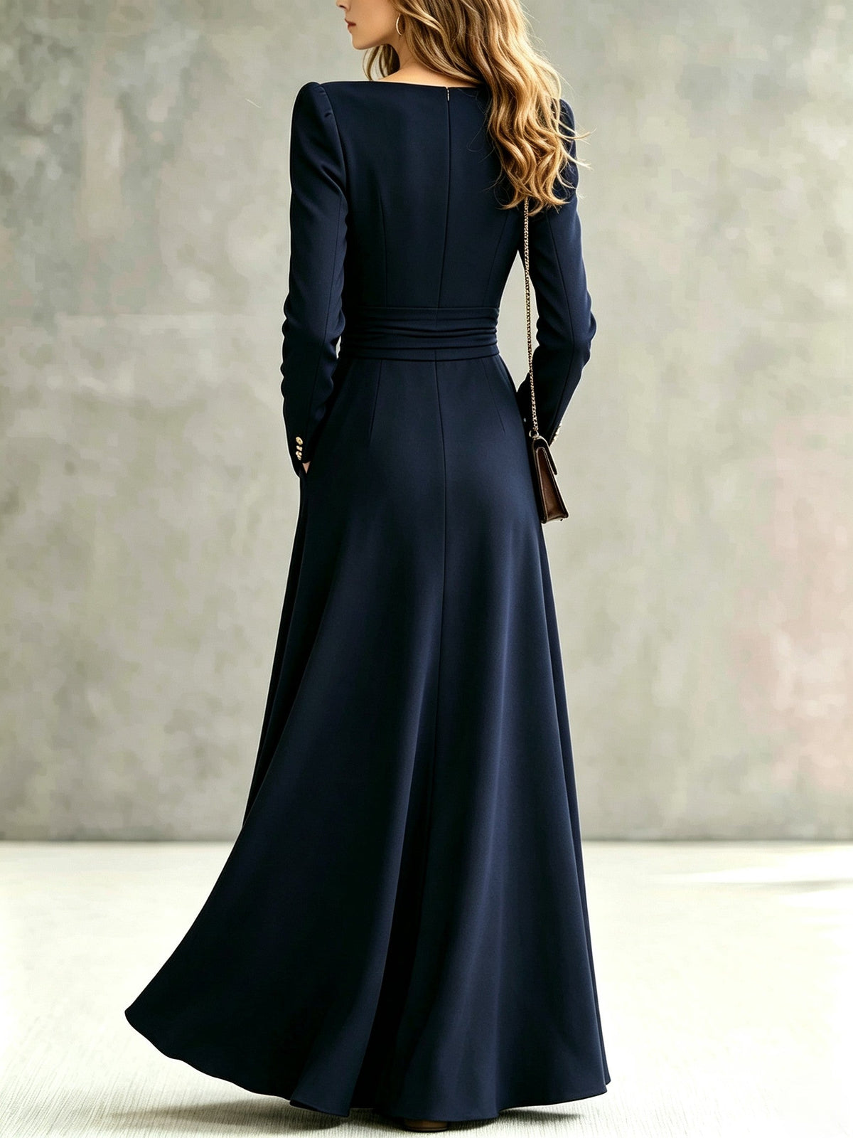 Elegant Navy Blue Long Sleeve Button Detail Maxi Dress with Pockets