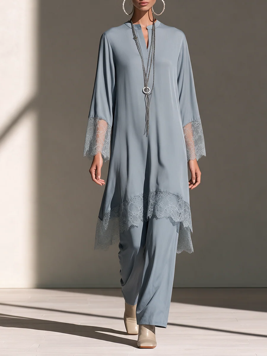 Elegant Light Blue Lace Trim Long Sleeve Top and Wide Leg Pants Two-Piece Set