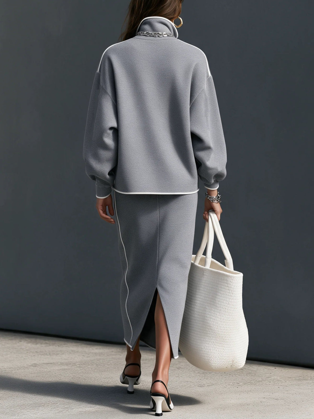 Grey Half Zip Pocket Sweatshirt Drawstring Midi Skirt Two Piece