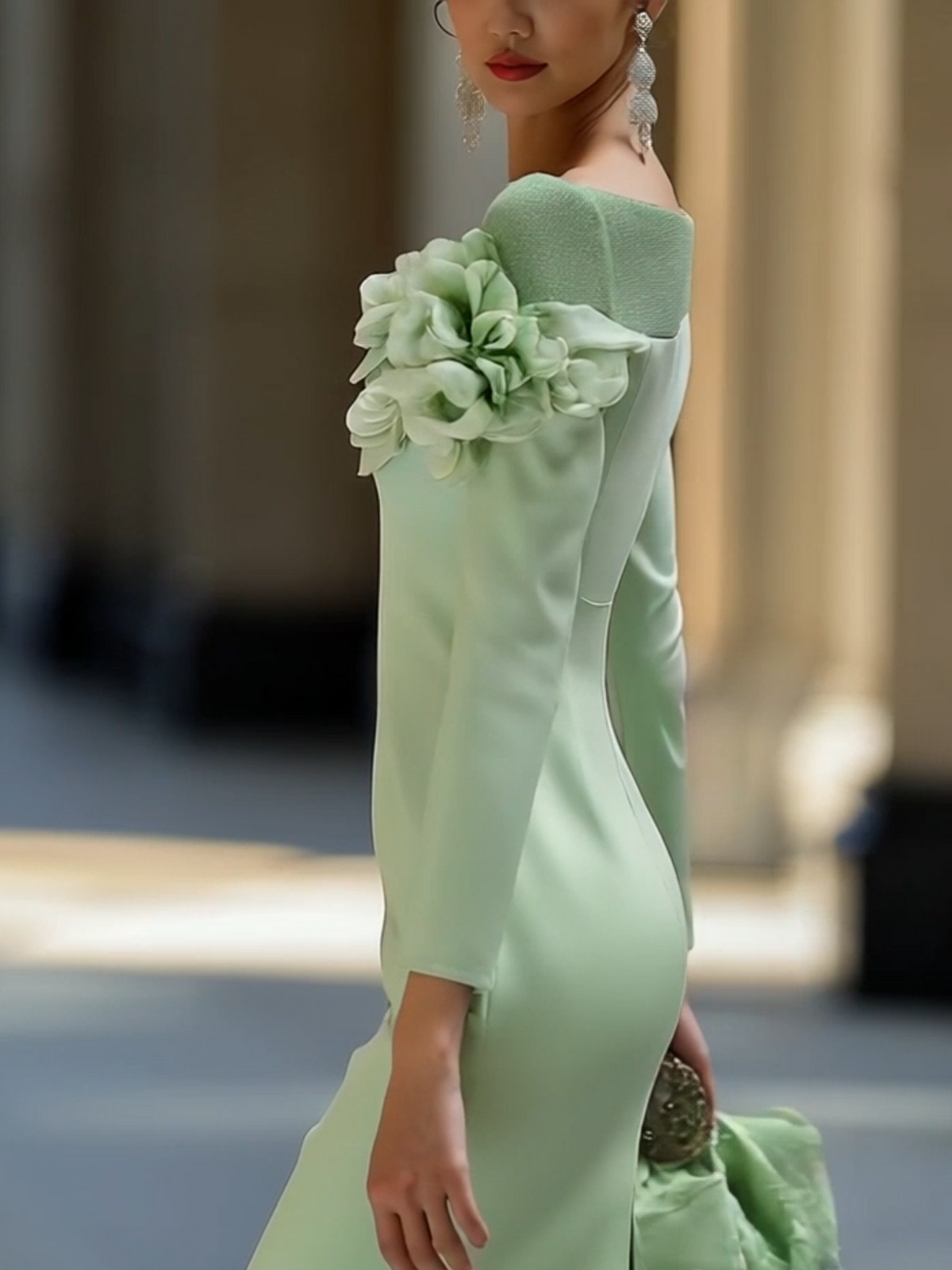 Round Neck Off Shoulder 3D Flower Midi Dress