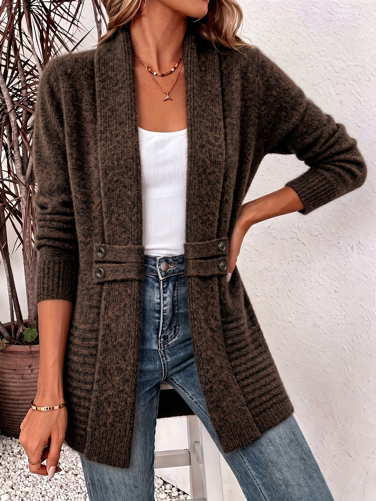 Lang Dames Cardigan Met Sjaalkraag En Decoratieve Knopen