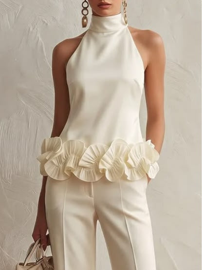 Elegant high-neck top with 3D floral hem and trousers set