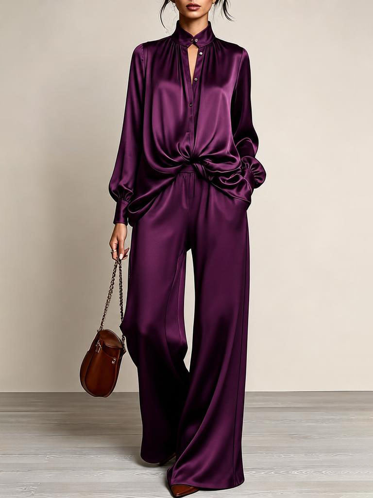 Womens Satin Stand Collar Button Down Shirt High Waist Wide Leg Trousers Luxury Purple Two Piece Set Outfit