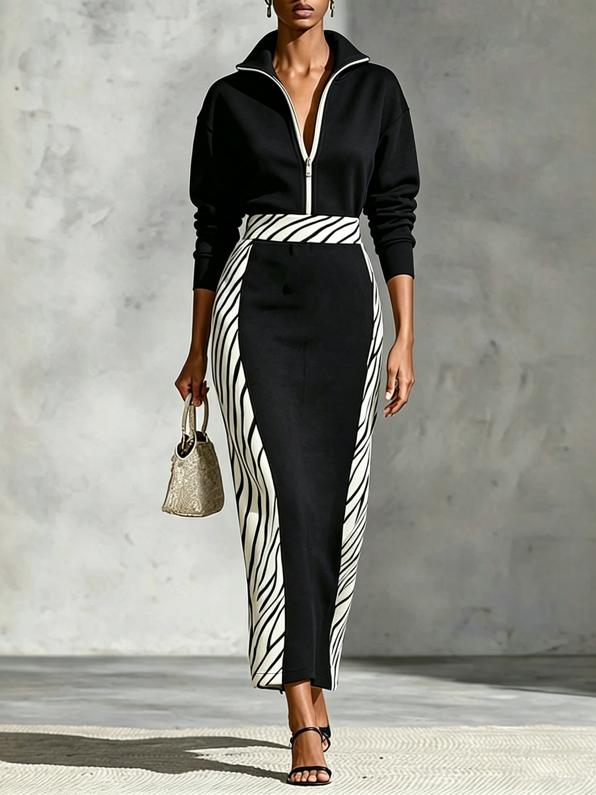 Black Zebra Color Block Half Zip Collar Top High Midi Skirt Set