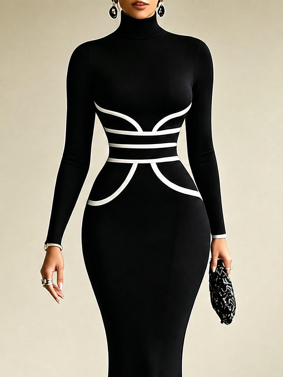 Black High Neck White Contrast Line Bodycon Mermaid Midi Dress