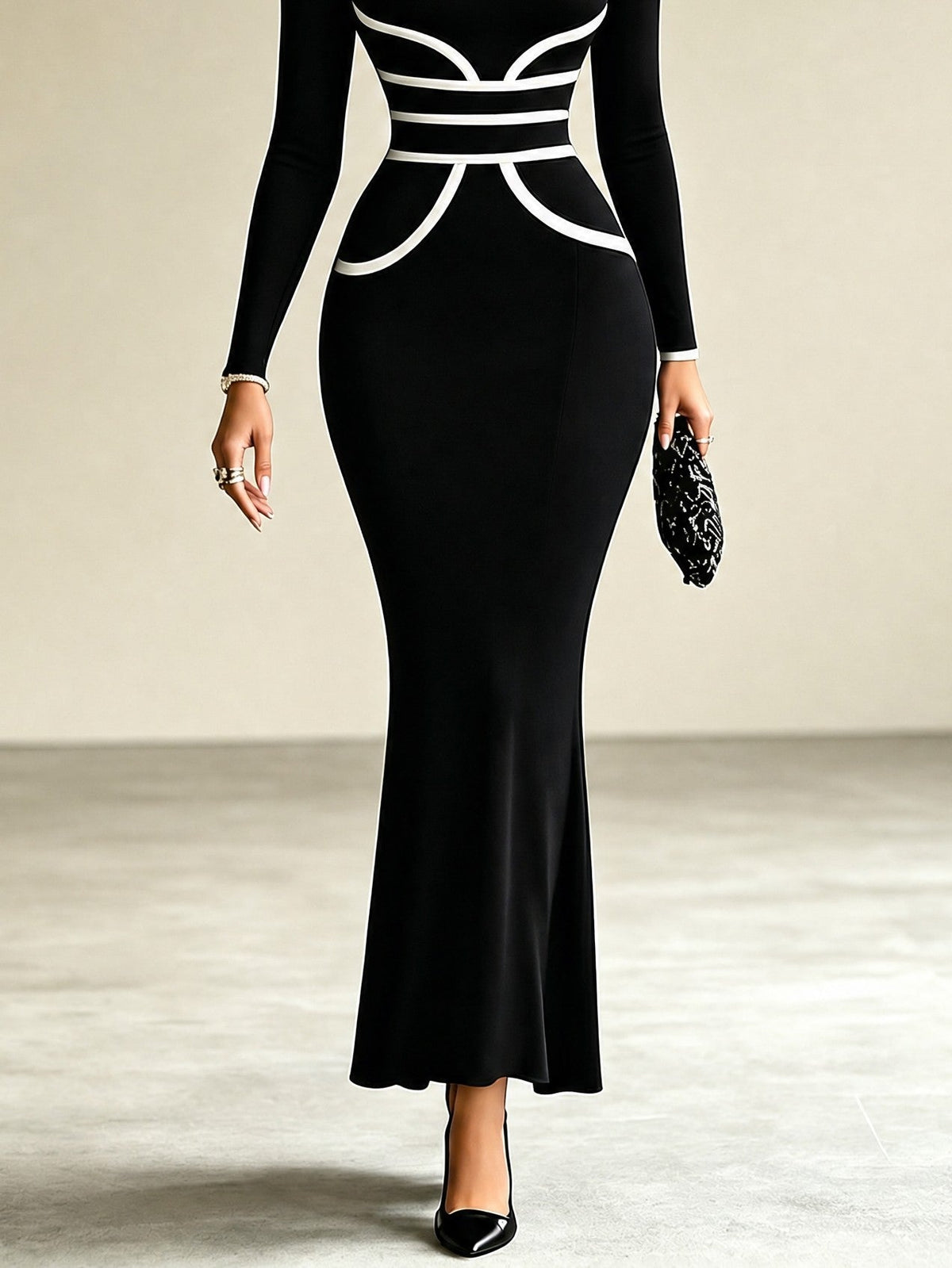 Black High Neck White Contrast Line Bodycon Mermaid Midi Dress
