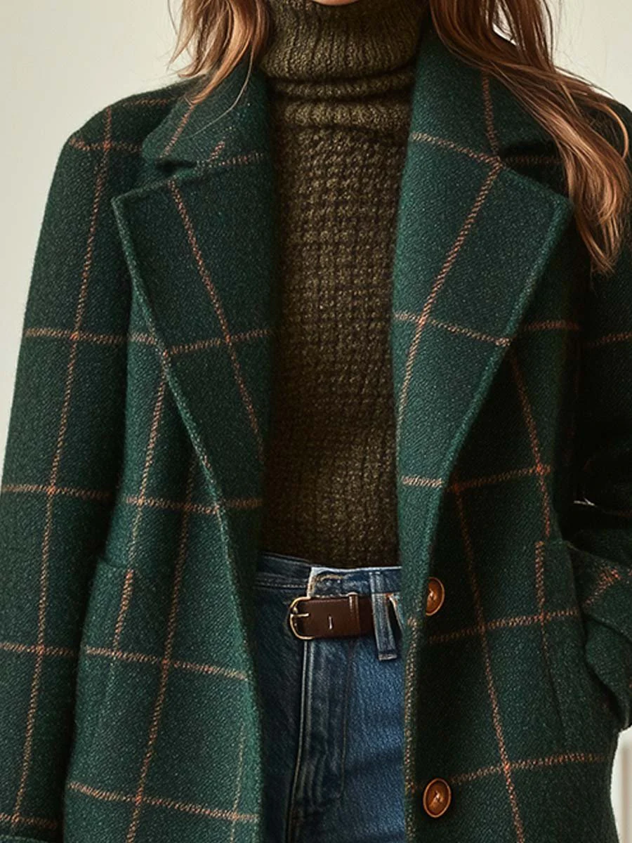 Vintage Green Plaid Lapel Mid-Length Jacket Coat – 2