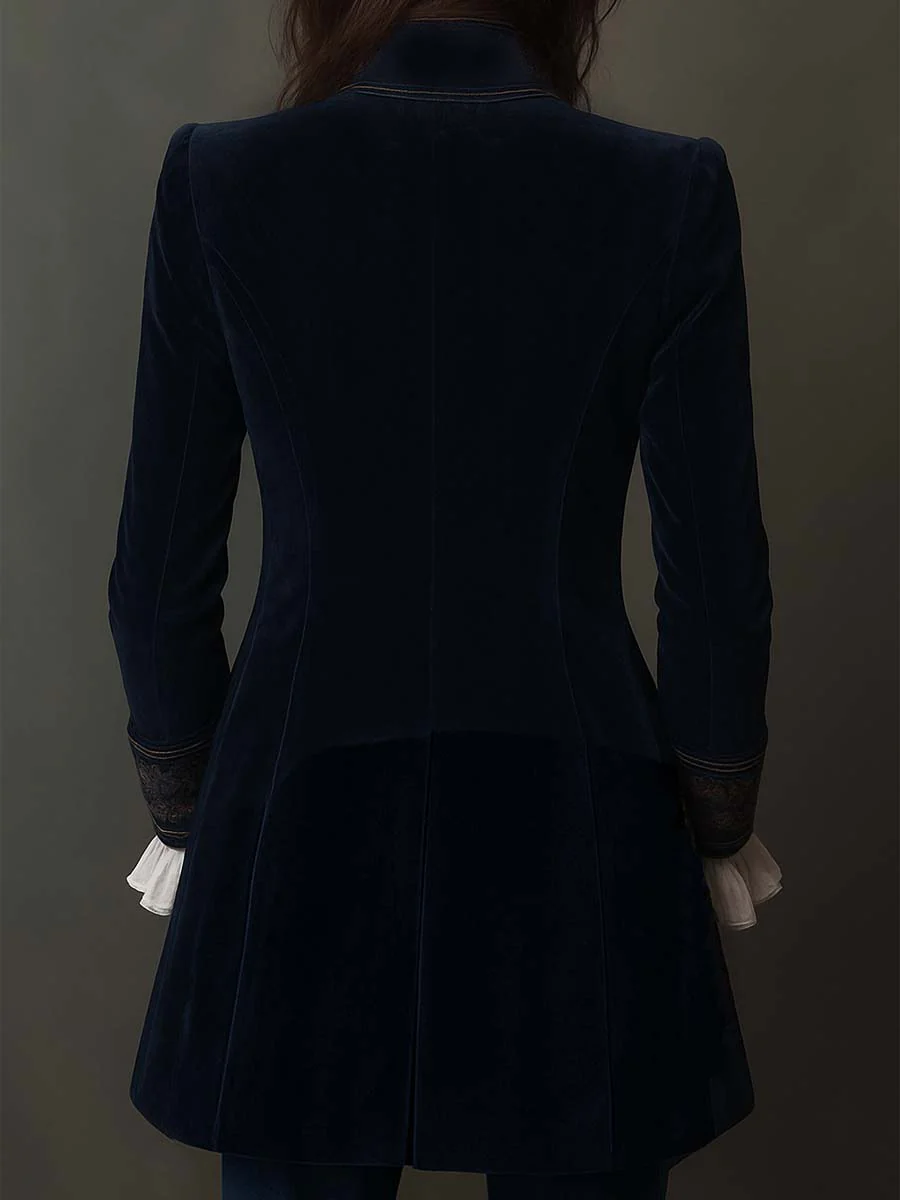 Vintage Navy Polyester Velvet Embroidered Long Jacket – 2