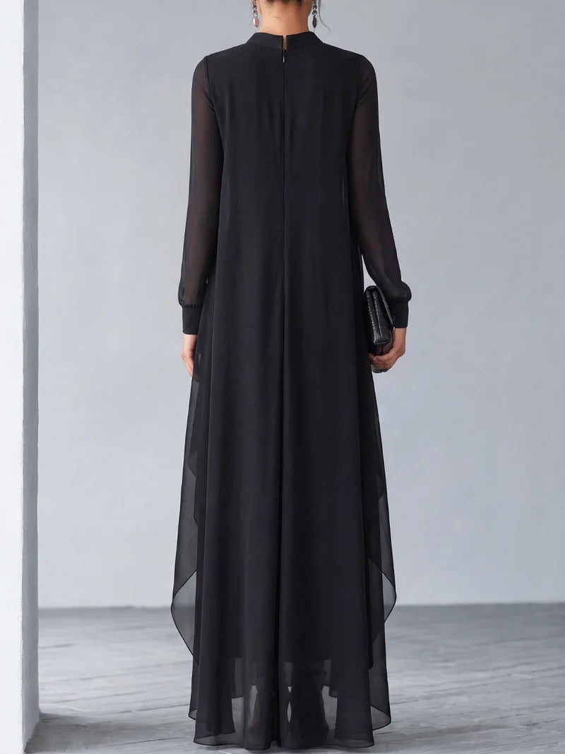 Women's Black Sheer Overlay Maxi Dress – Long Sleeve Wedding Guest Dress – 4