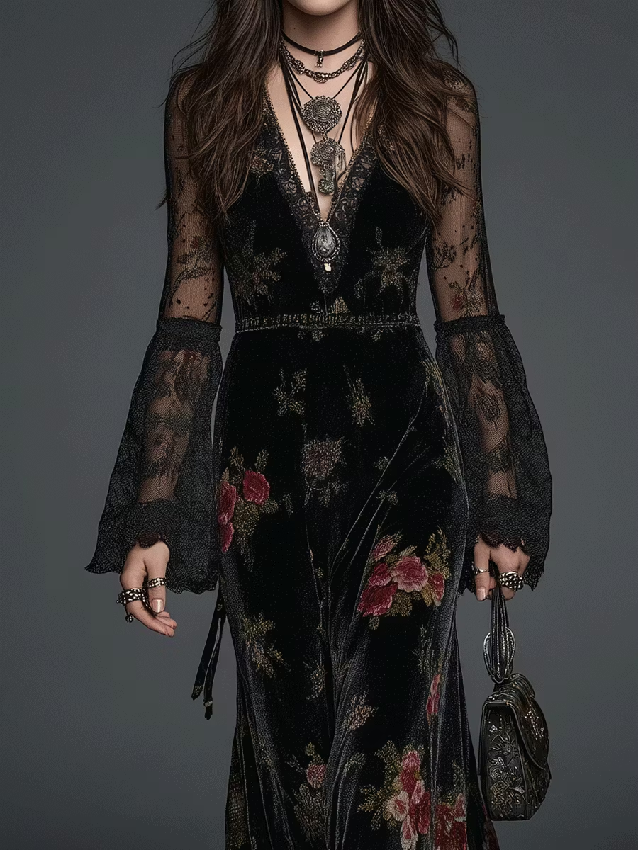 Women's Black Velvet Floral Maxi Dress – Lace Sleeve Wedding Guest Dress – 7