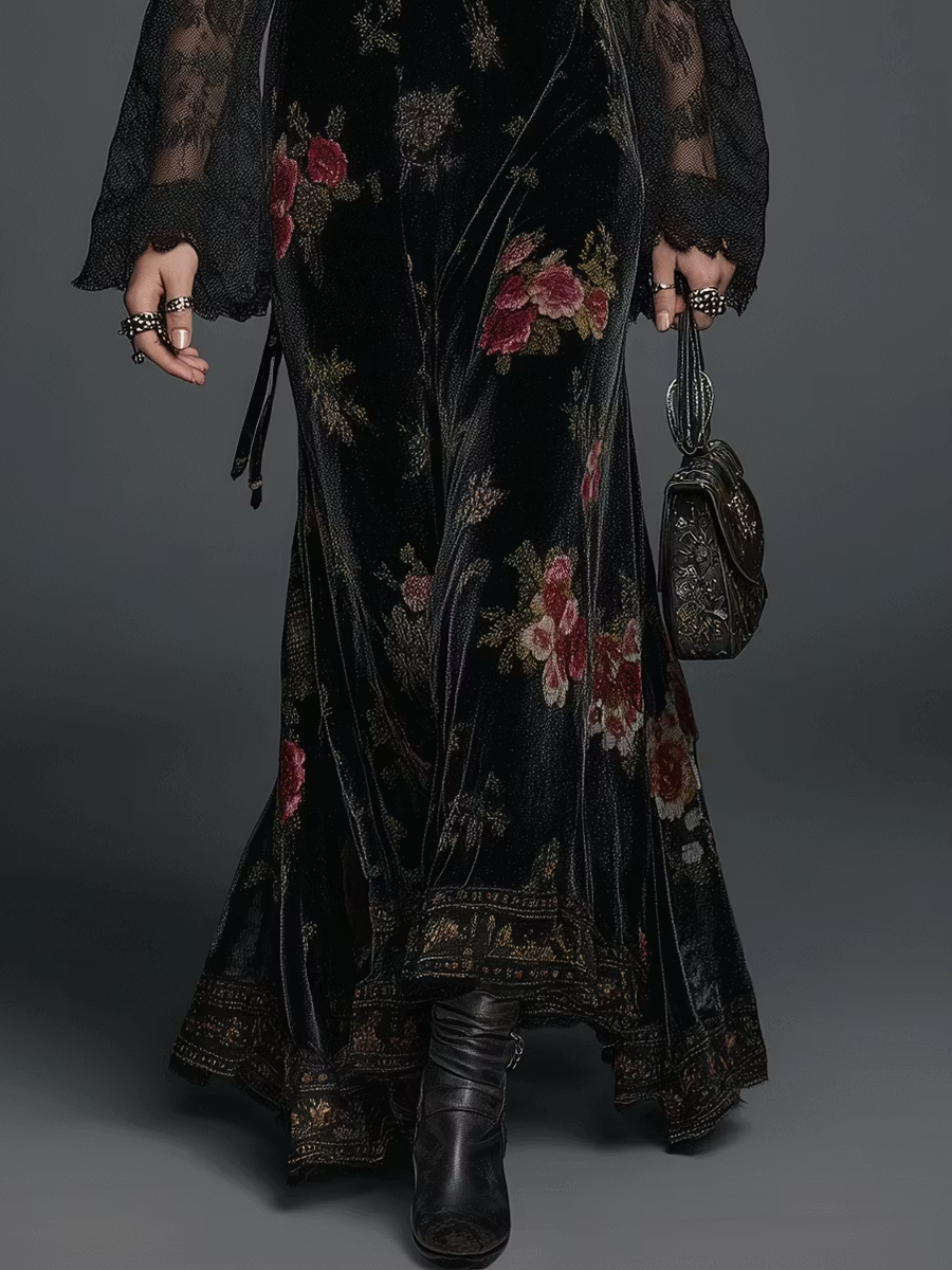Women's Black Velvet Floral Maxi Dress – Lace Sleeve Wedding Guest Dress – 8
