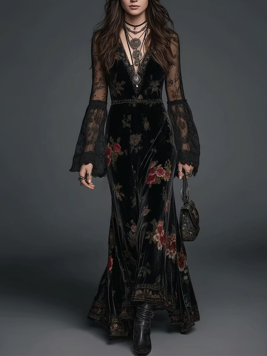 Women's Black Velvet Floral Maxi Dress – Lace Sleeve Wedding Guest Dress
