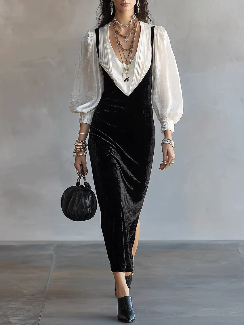 Women's Black Velvet Slip Dress & White Puff Sleeve Shirt – Two-Piece Set