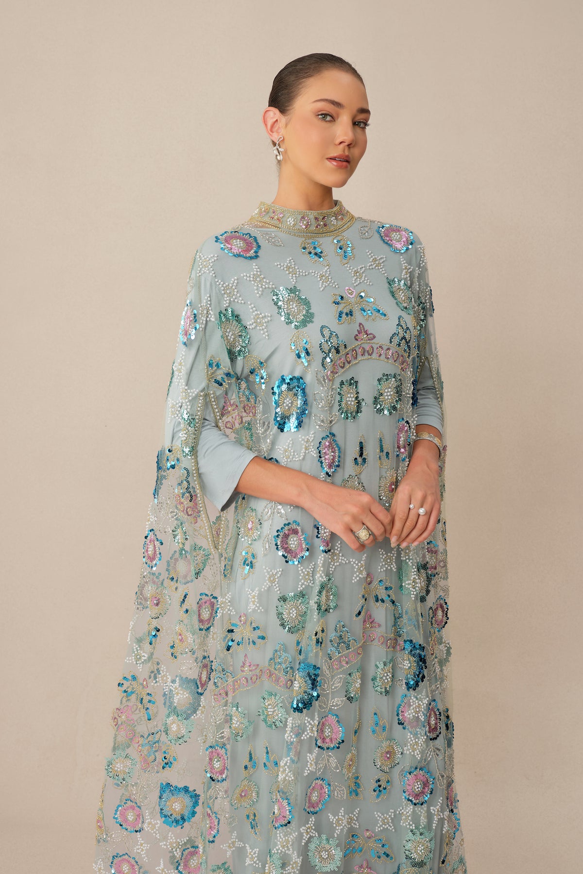 Women's Blue Floral Sequin Cape Maxi Dress – Holiday Party Dress – 2