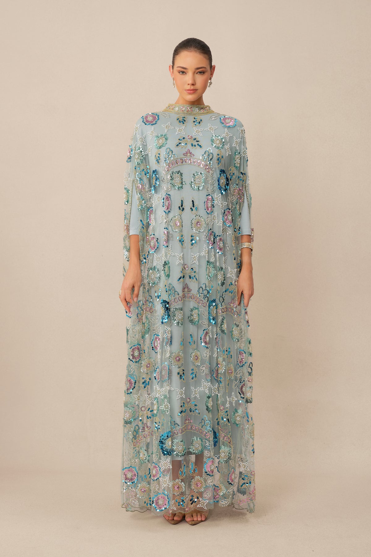 Women's Blue Floral Sequin Cape Maxi Dress – Holiday Party Dress – 3