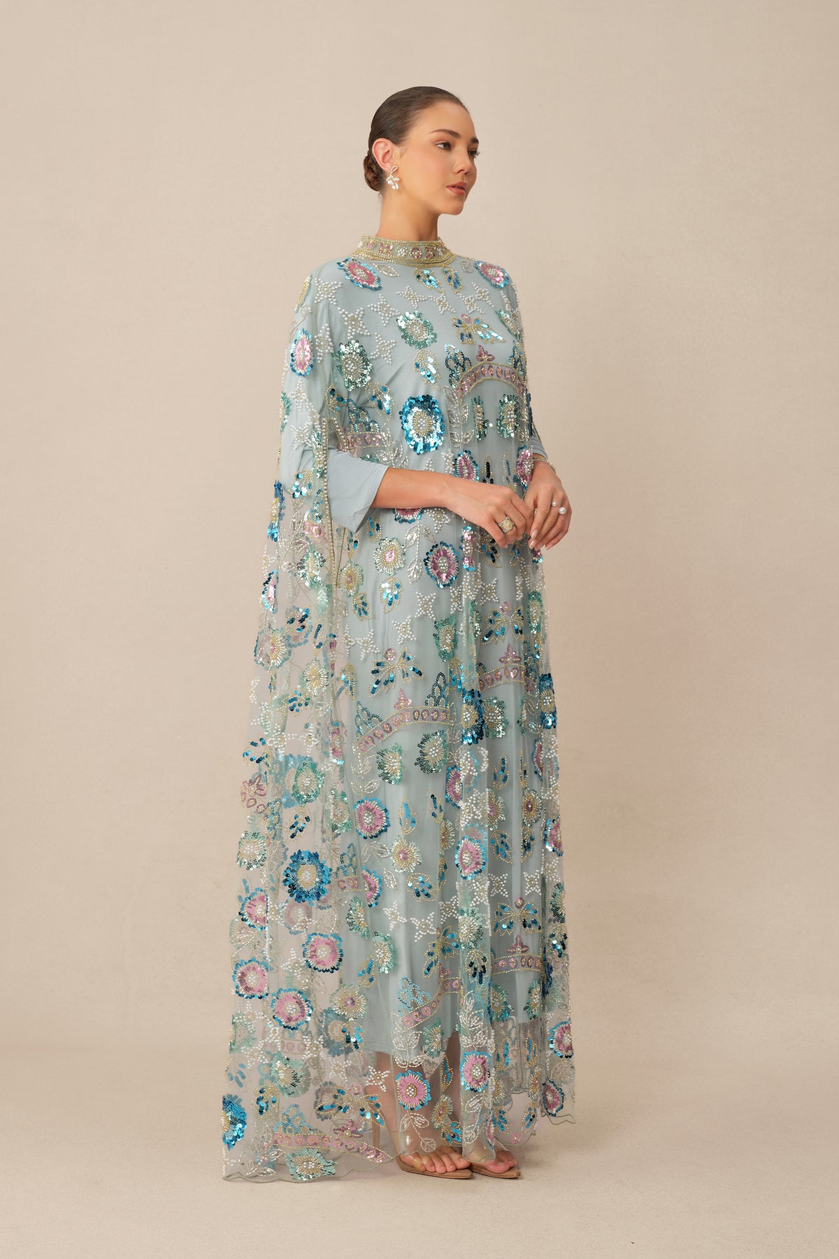 Women's Blue Floral Sequin Cape Maxi Dress – Holiday Party Dress – 4