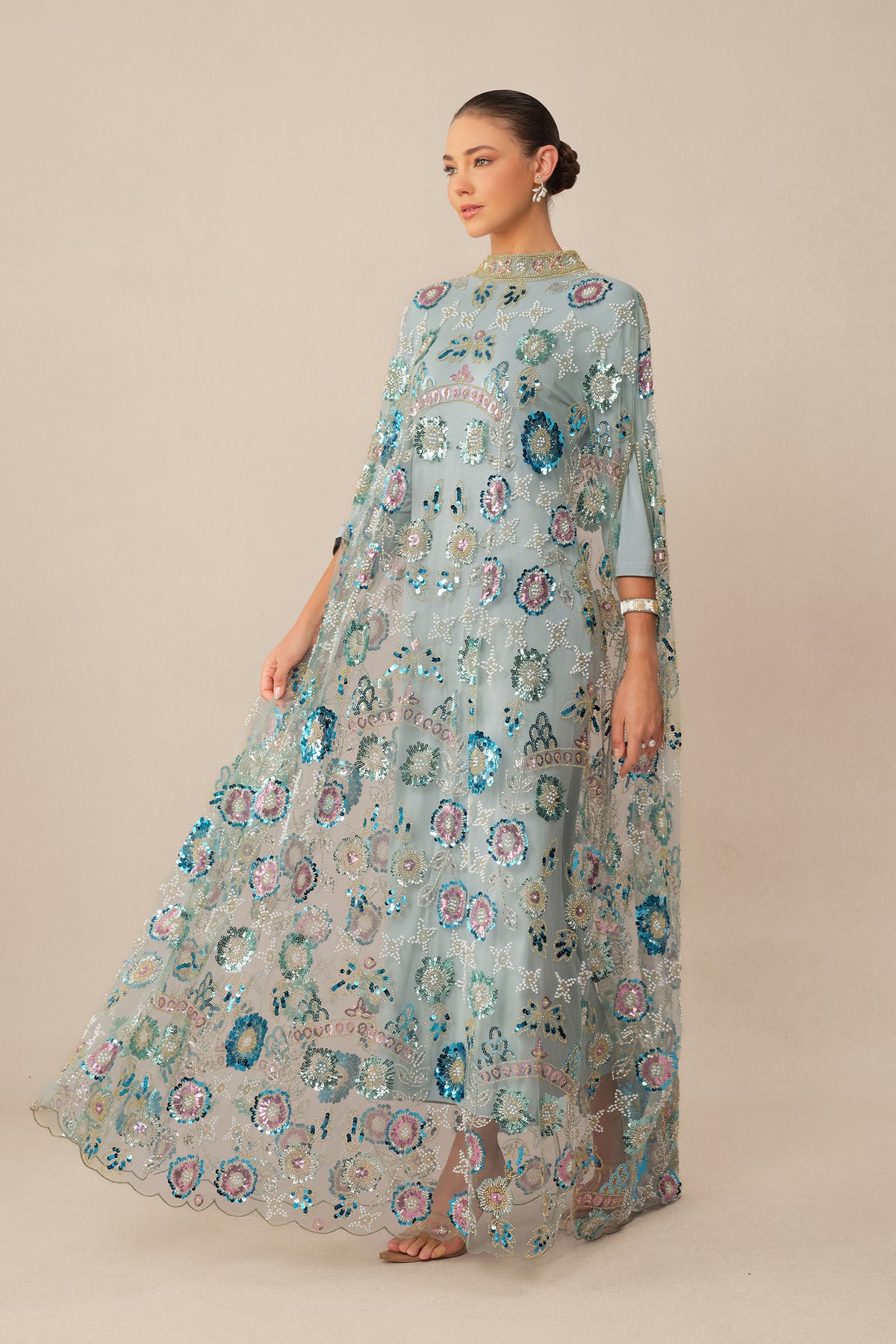 Women's Blue Floral Sequin Cape Maxi Dress – Holiday Party Dress – 5