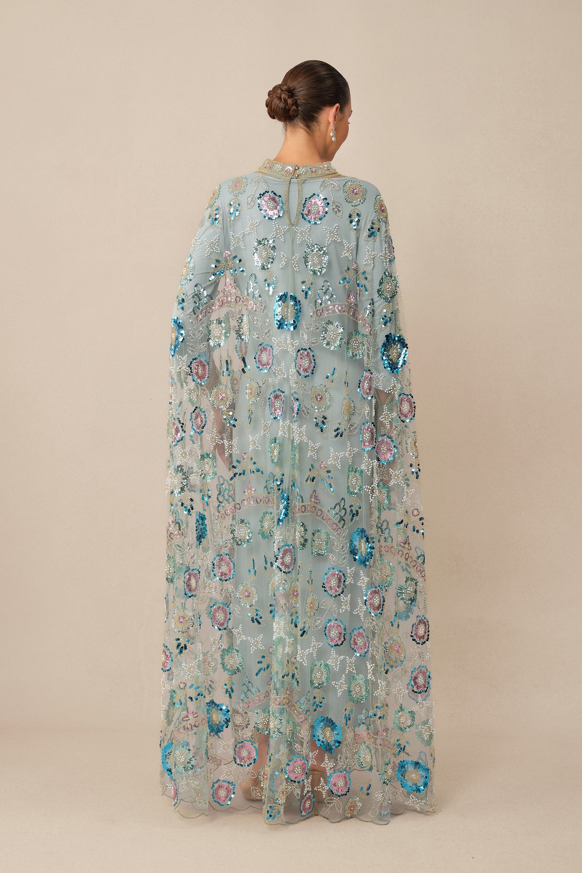 Women's Blue Floral Sequin Cape Maxi Dress – Holiday Party Dress – 6