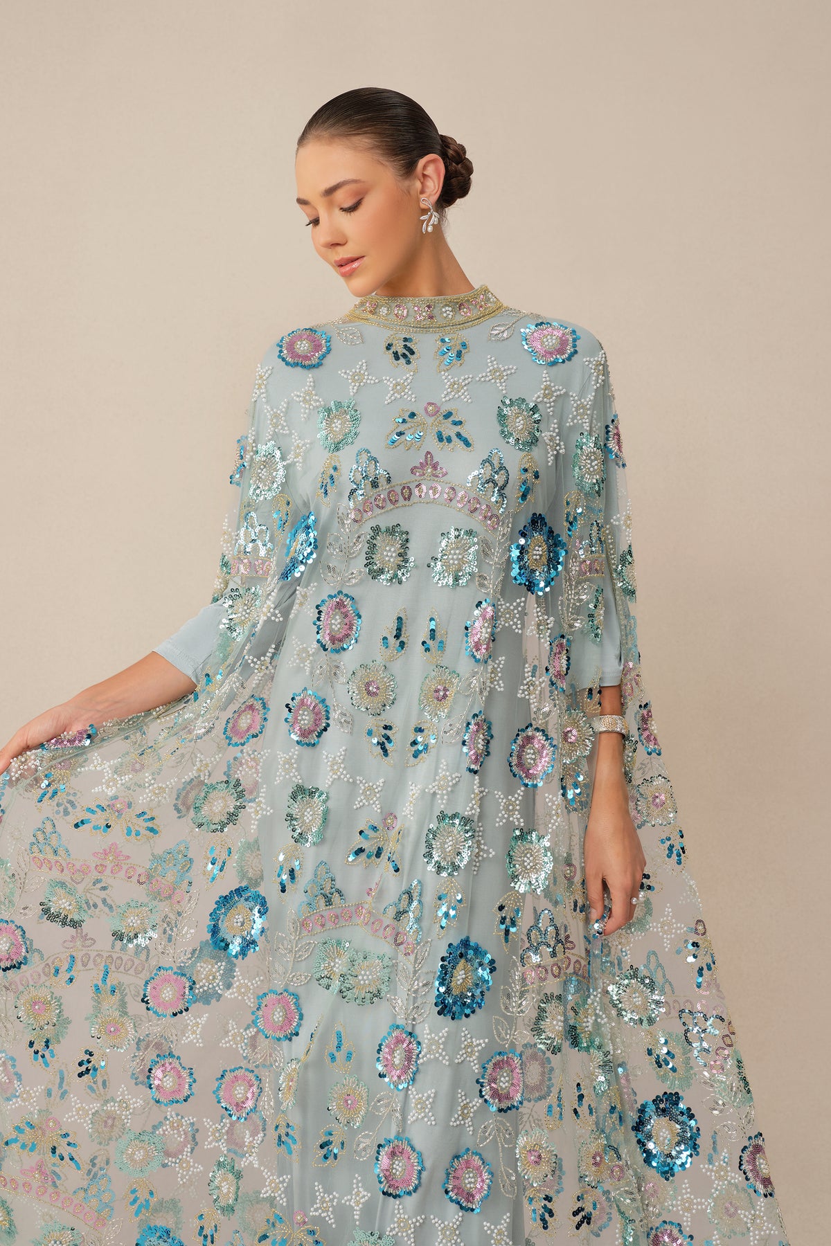 Women's Blue Floral Sequin Cape Maxi Dress – Holiday Party Dress – 7
