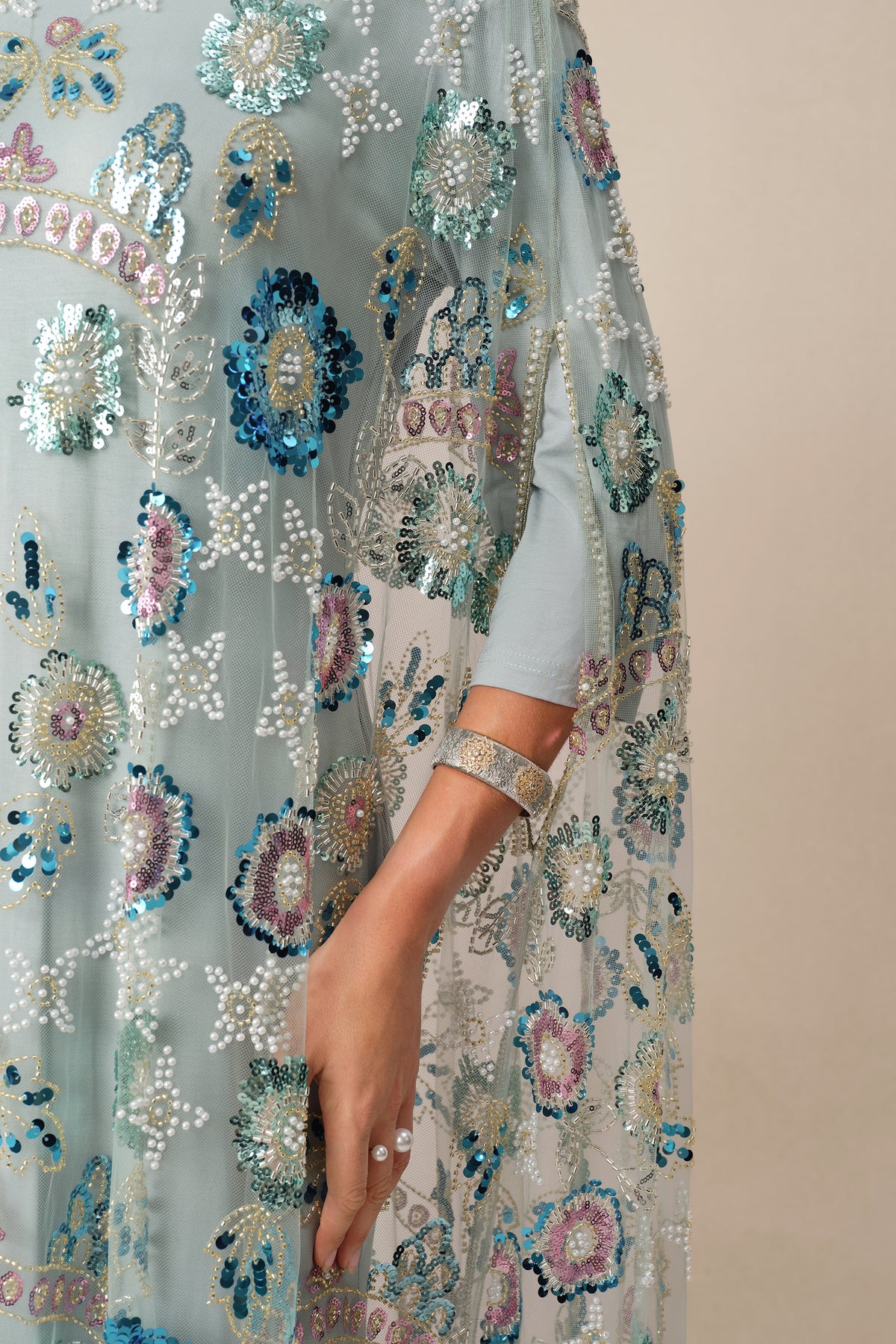Women's Blue Floral Sequin Cape Maxi Dress – Holiday Party Dress – 9