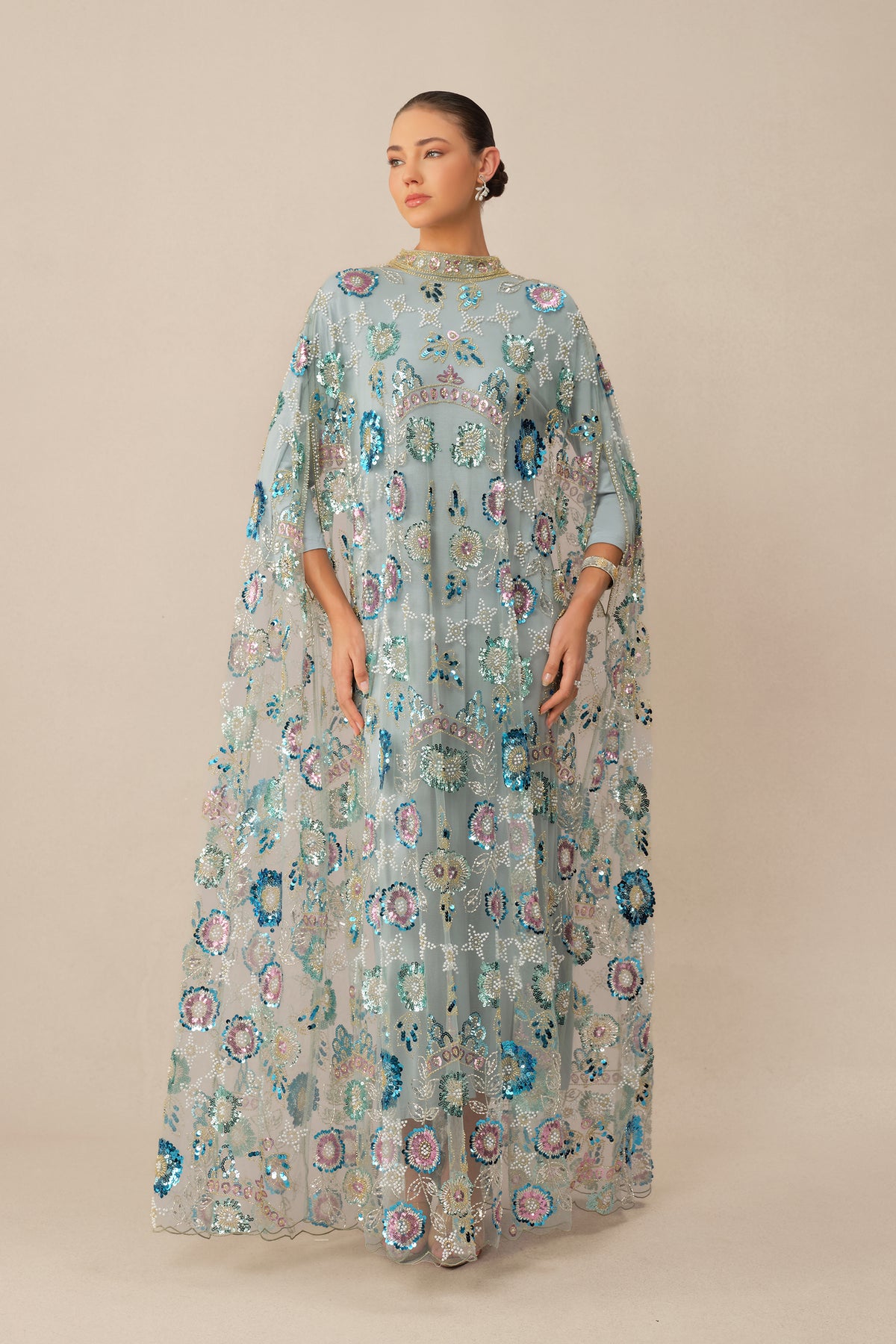 Women's Blue Floral Sequin Cape Maxi Dress – Holiday Party Dress