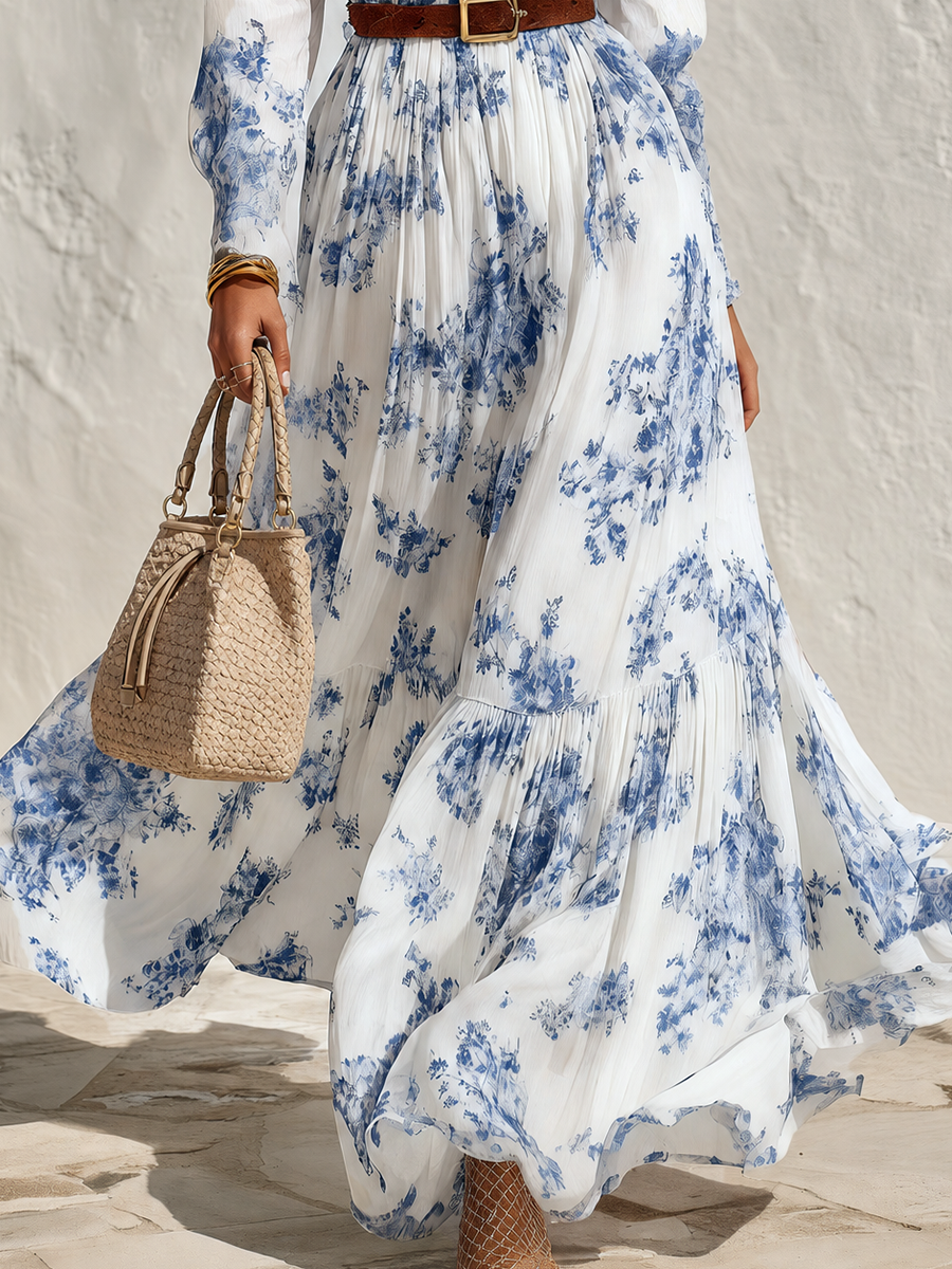 Women's Blue Floral Maxi Dress – Smocked Neck Wedding Guest Dress – 3