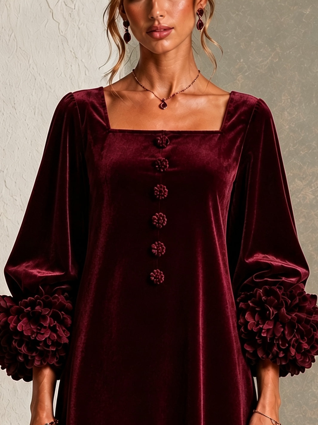 Women's Burgundy Velvet Mini Dress – Floral Cuff Wedding Guest Dress – 4