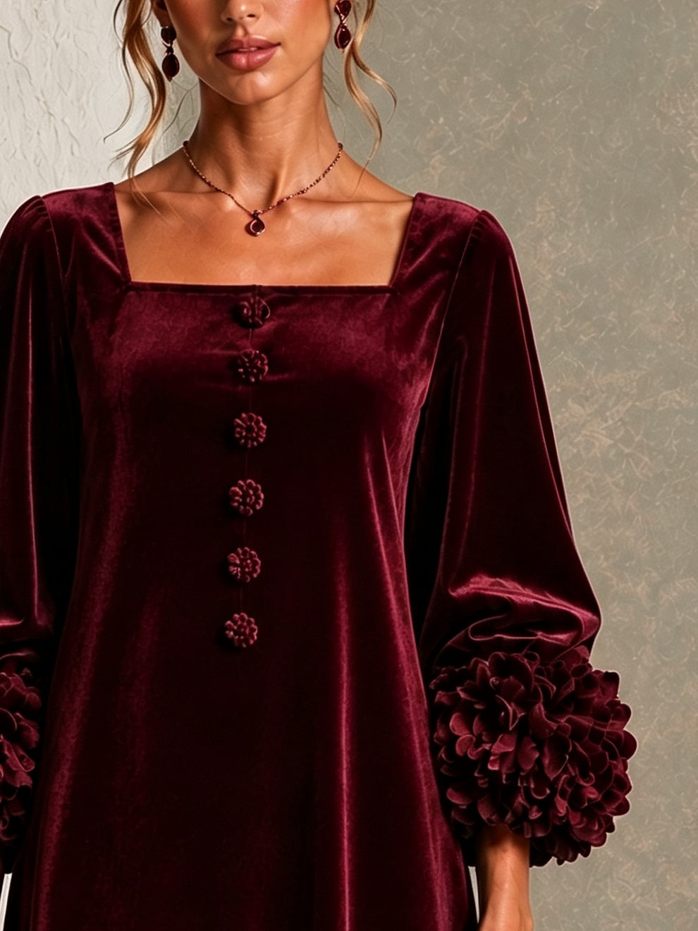 Women's Burgundy Velvet Mini Dress – Floral Cuff Wedding Guest Dress – 5
