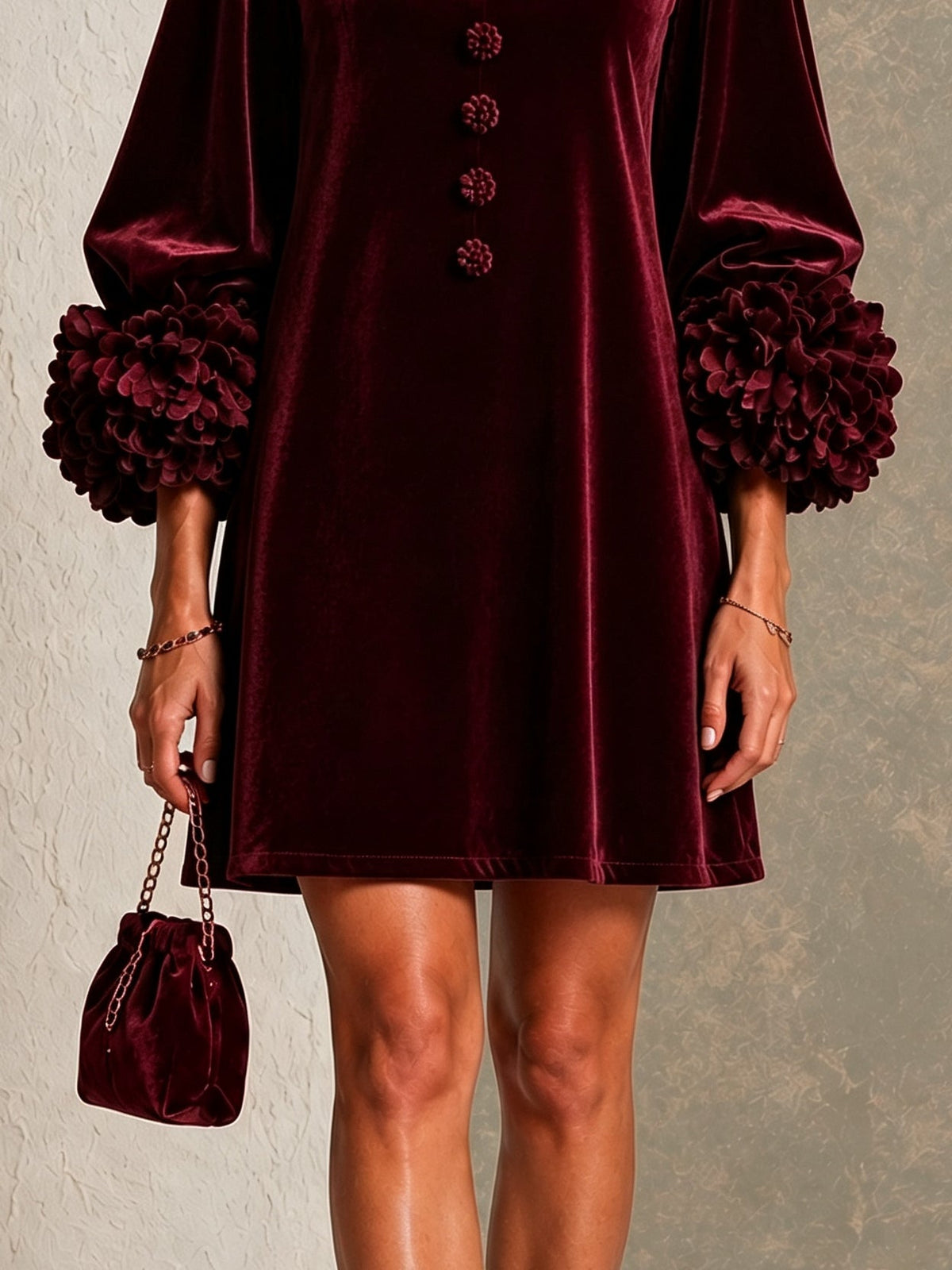 Women's Burgundy Velvet Mini Dress – Floral Cuff Wedding Guest Dress – 6