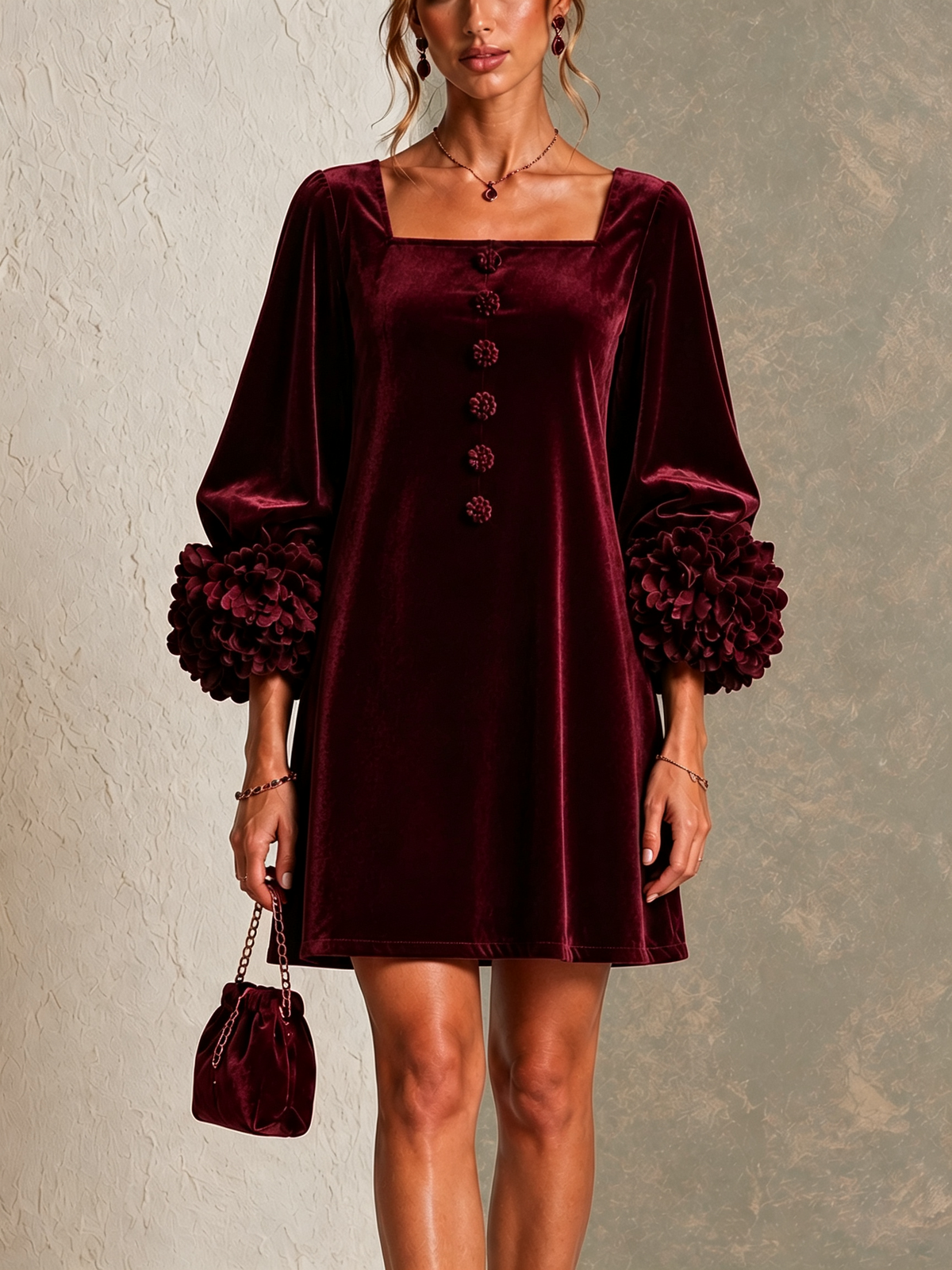 Women's Burgundy Velvet Mini Dress – Floral Cuff Wedding Guest Dress