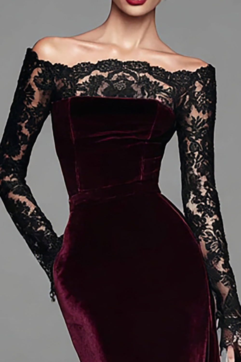 Women's Burgundy Velvet Off-Shoulder Mermaid Gown – Lace Sleeve Evening Dress – 3