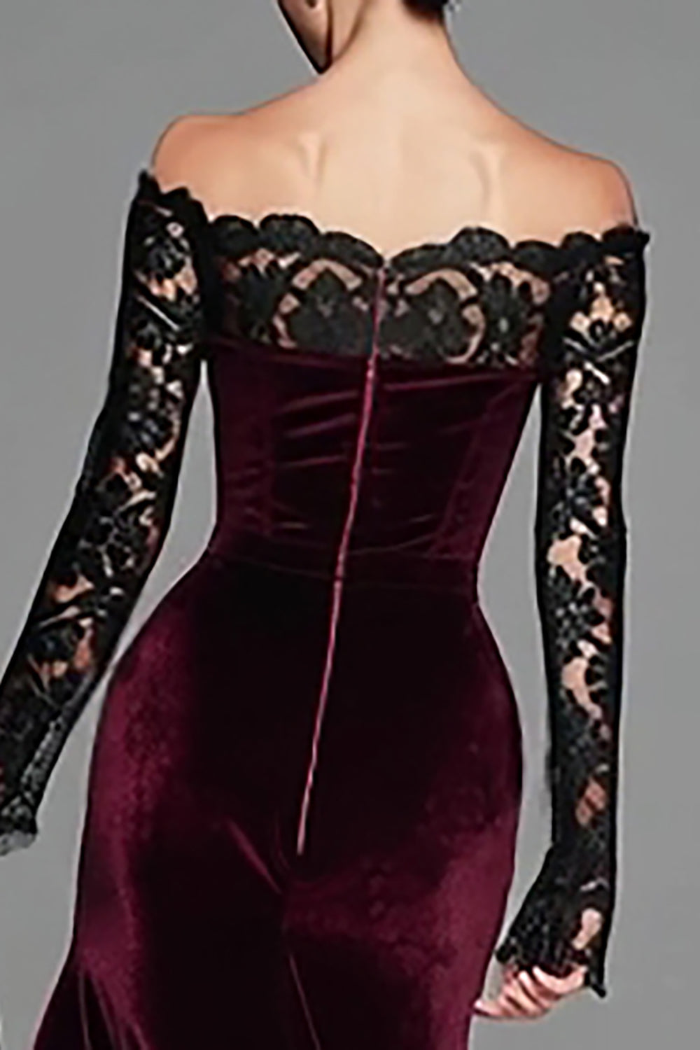 Women's Burgundy Velvet Off-Shoulder Mermaid Gown – Lace Sleeve Evening Dress – 4