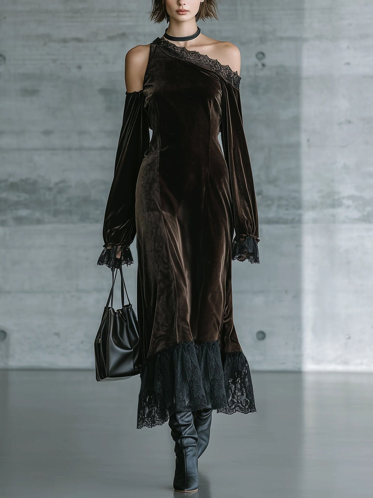 Women's Dark Brown Velvet Off-Shoulder Evening Maxi Dress – 2