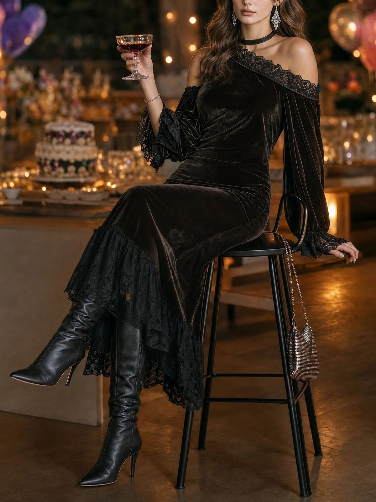 Women's Dark Brown Velvet Off-Shoulder Evening Maxi Dress – 5