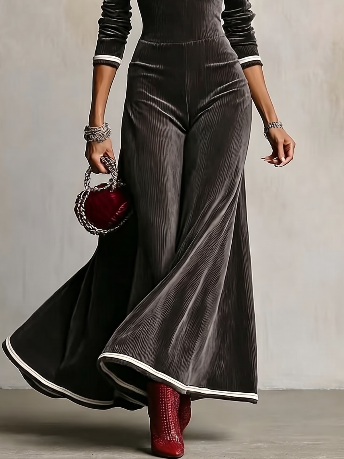 Women's Dark Gray Velvet Deep V-Neck Puff Sleeve Maxi Dress – Holiday Party Dress – 3