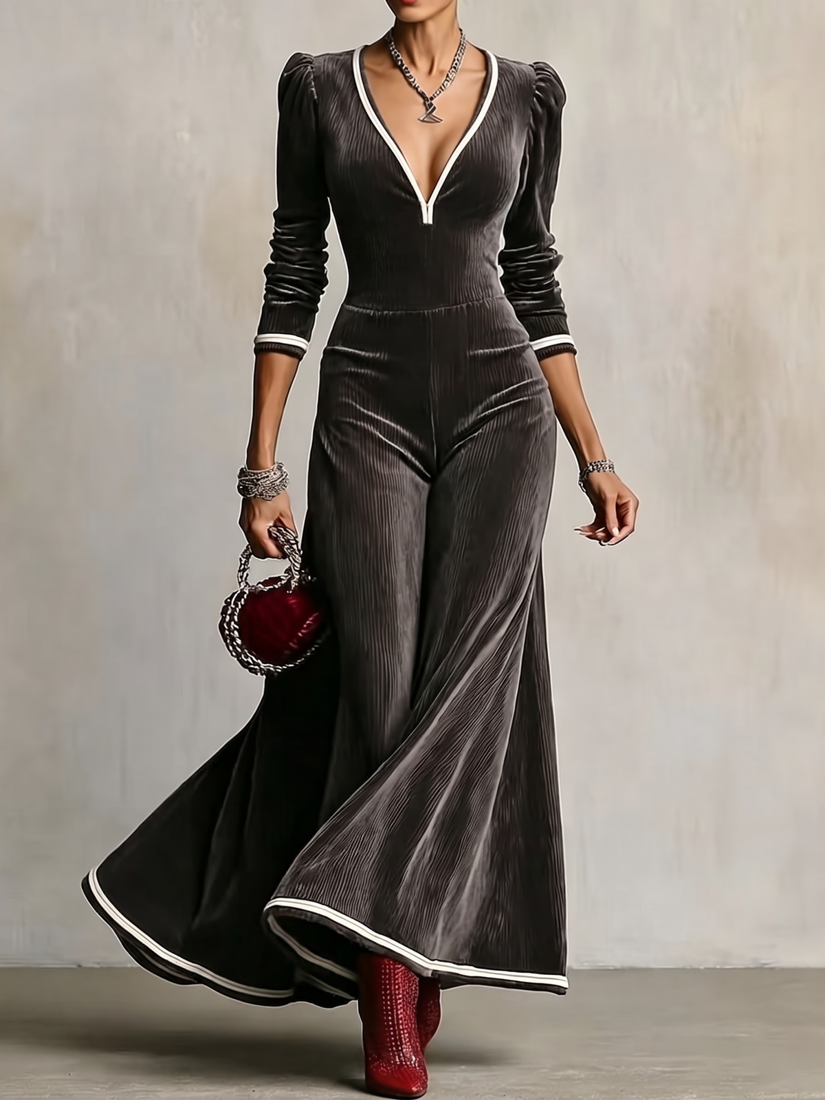 Women's Dark Gray Velvet Deep V-Neck Puff Sleeve Maxi Dress – Holiday Party Dress