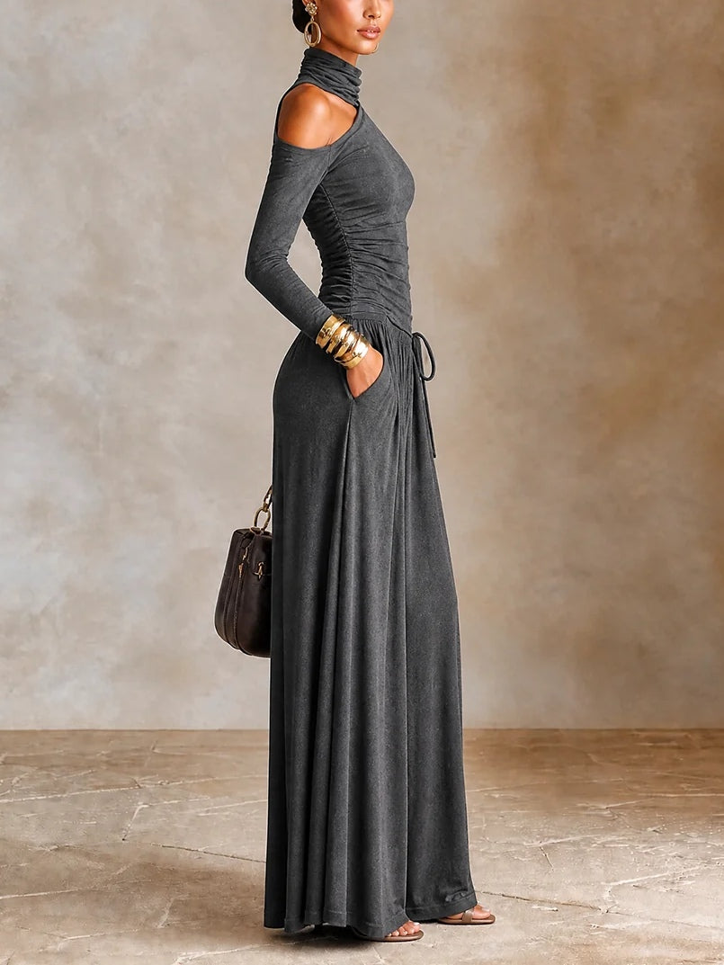 Women's Dark Grey Off-Shoulder Maxi Dress – Asymmetric Long Sleeve – 3