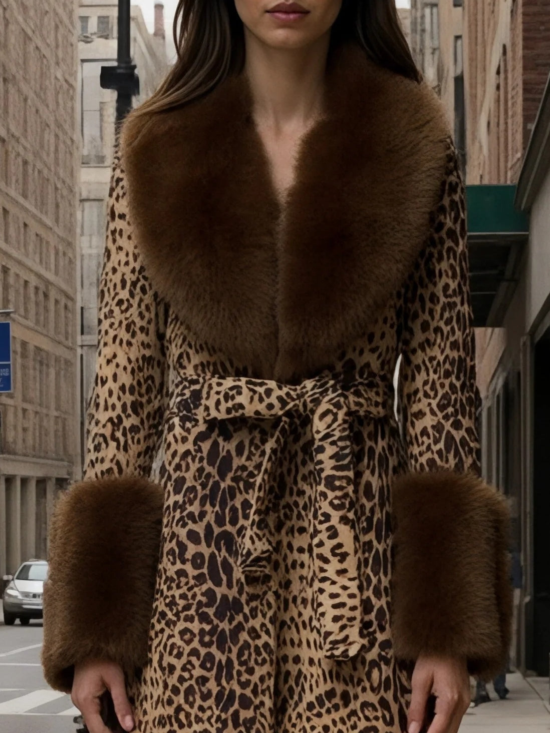 Women's Leopard Print Plush Coat – Faux Fur Patchwork – 2