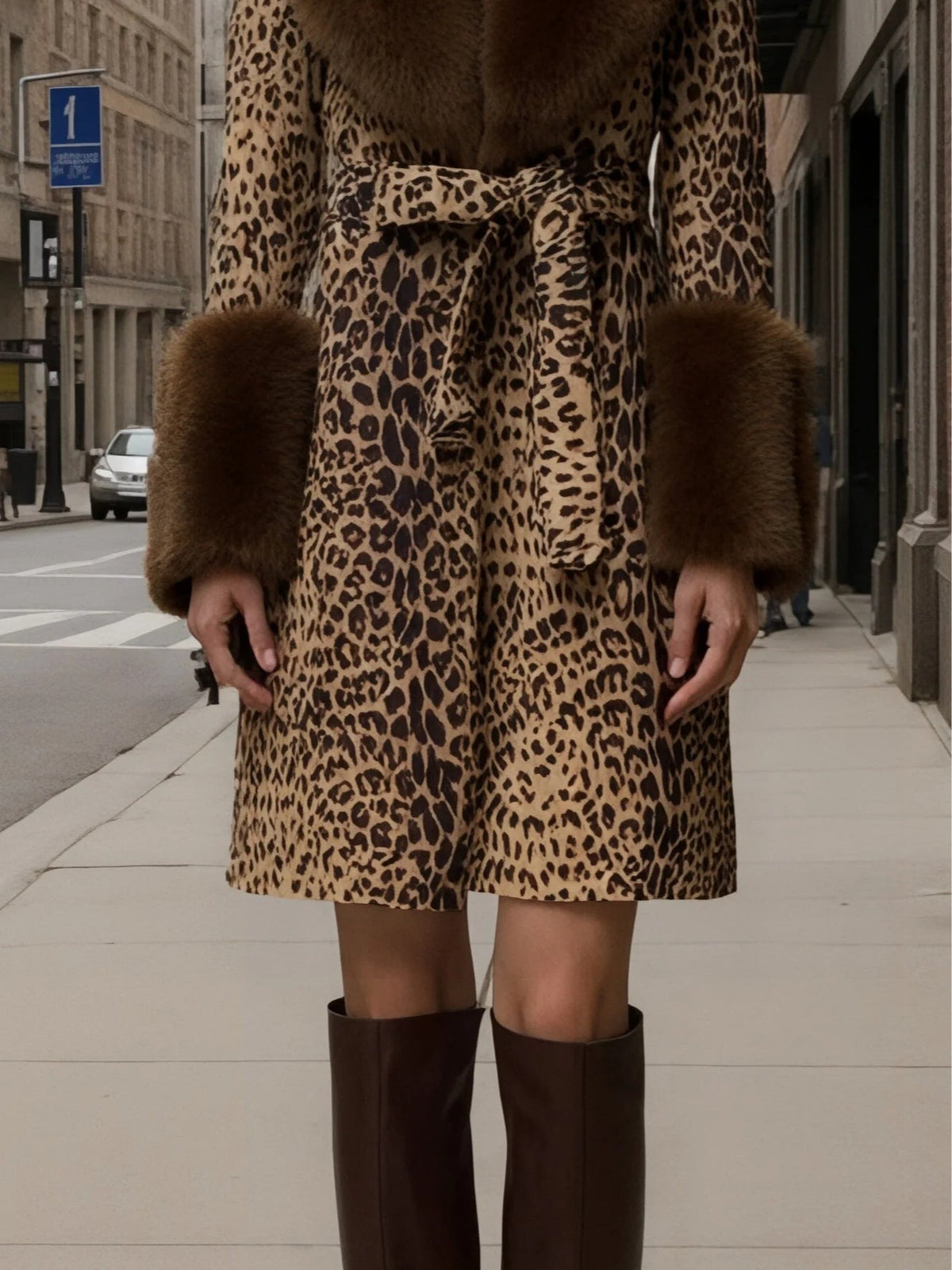 Women's Leopard Print Plush Coat – Faux Fur Patchwork – 3
